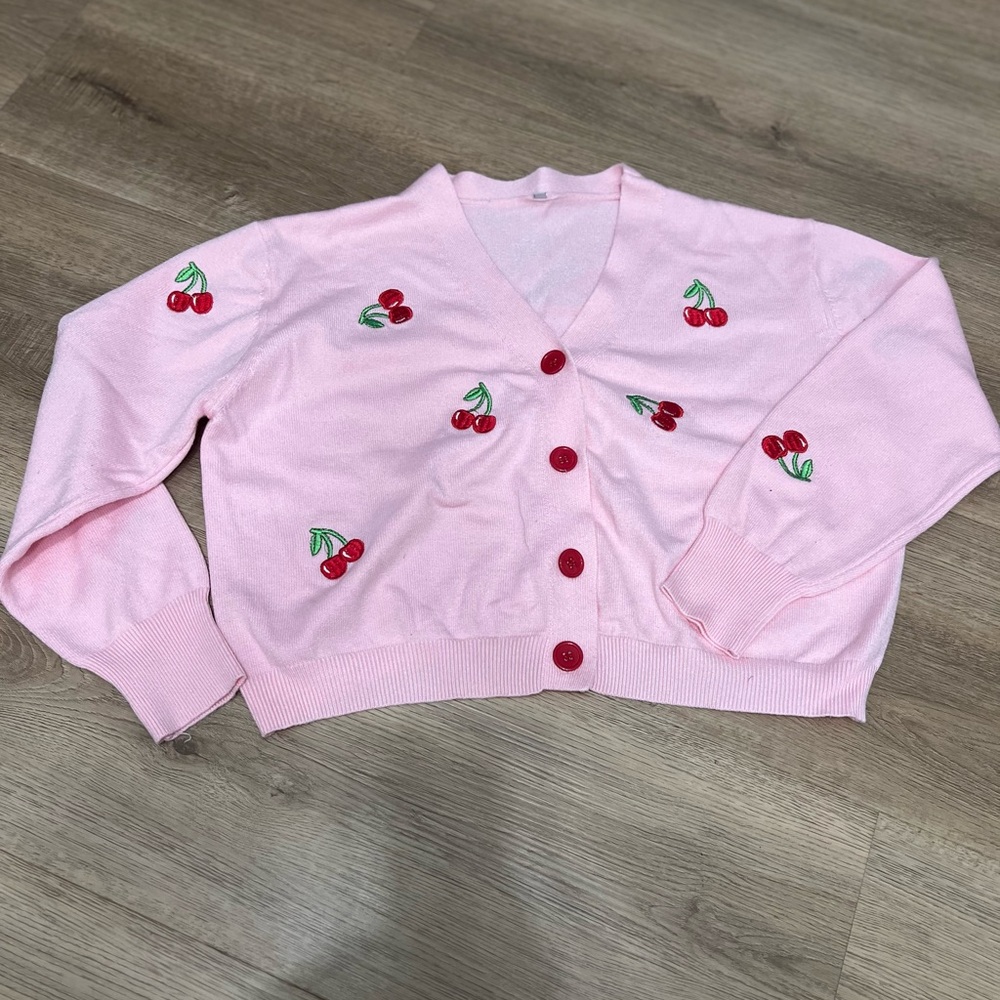 Cherry Embroidered Pink Cardigan